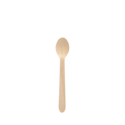 Une cuillère à café en bois "pure", 11 cm, de PAPSTAR GmbH (boîte pliante, 100 pièces) est centrée sur un fond blanc simple.