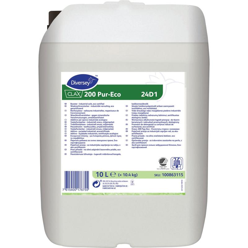 Un conteneur en plastique blanc de 10 litres avec Clax 200 PE 24D1, un renforçateur de puissance de lavage écologique concentré de Diversey Deutschland GmbH & Co. OHG, avec une étiquette écologique contenant les instructions d'utilisation, les données techniques et le code-barres à l'avant.
