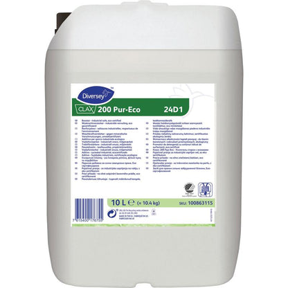 Un conteneur en plastique blanc de 10 litres avec Clax 200 PE 24D1, un renforçateur de puissance de lavage écologique concentré de Diversey Deutschland GmbH & Co. OHG, avec une étiquette écologique contenant les instructions d'utilisation, les données techniques et le code-barres à l'avant.