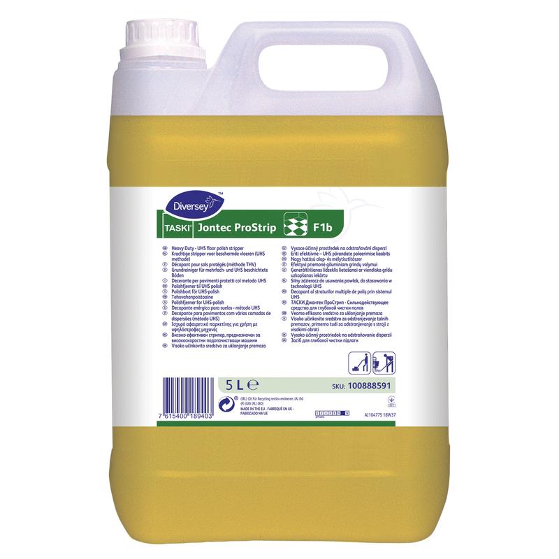 Un bidon de 5 litres de TASKI Jontec ProStrip, un décapant alcalin puissant avec une formule de nettoyage efficace de Diversey Deutschland GmbH & Co. OHG, avec des informations sur le produit et des instructions sur l'étiquette.