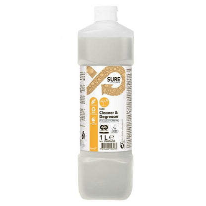 Une bouteille de 1 litre de SURE Cleaner & Degreaser (dégraissant) de Diversey Deutschland GmbH & Co. OHG, avec un bouchon blanc et une étiquette beige, est idéale pour nettoyer et dégraisser les surfaces résistantes à l'eau.