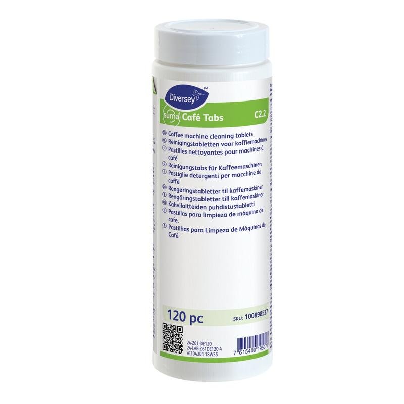 Un conteneur en plastique blanc avec des Suma Café Tabs C2.2 comprimés de nettoyage pour machines à café (120 pièces) de Diversey Deutschland GmbH & Co. OHG pour l'élimination des résidus de café est illustré sur un fond blanc avec des inscriptions multilingues.