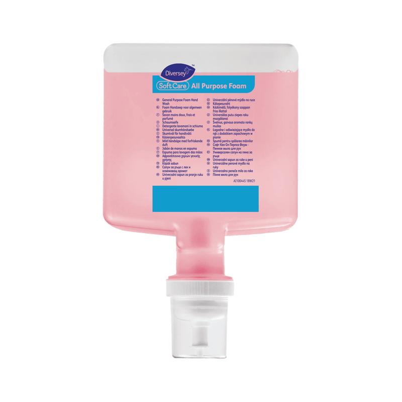 La cartouche Diversey Soft Care All Purpose 1,3 L pour IntelliCare est une recharge de savon rose rectangulaire de Diversey Deutschland GmbH & Co. OHG avec un distributeur à fond blanc et une étiquette d'instructions bleu-blanc sur le devant.