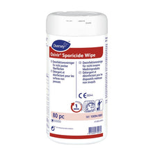 Ein weißer Behälter von Oxivir Sporicide Wipe, vorgetränkte Einmal-Tücher | Dose (80 Tücher) von Diversey Deutschland GmbH & Co. OHG verfügt über eine blau/rote Beschriftung, mehrsprachige Informationen und Symbole für die Flächendesinfektion und die Verwendung von Medizinprodukten.