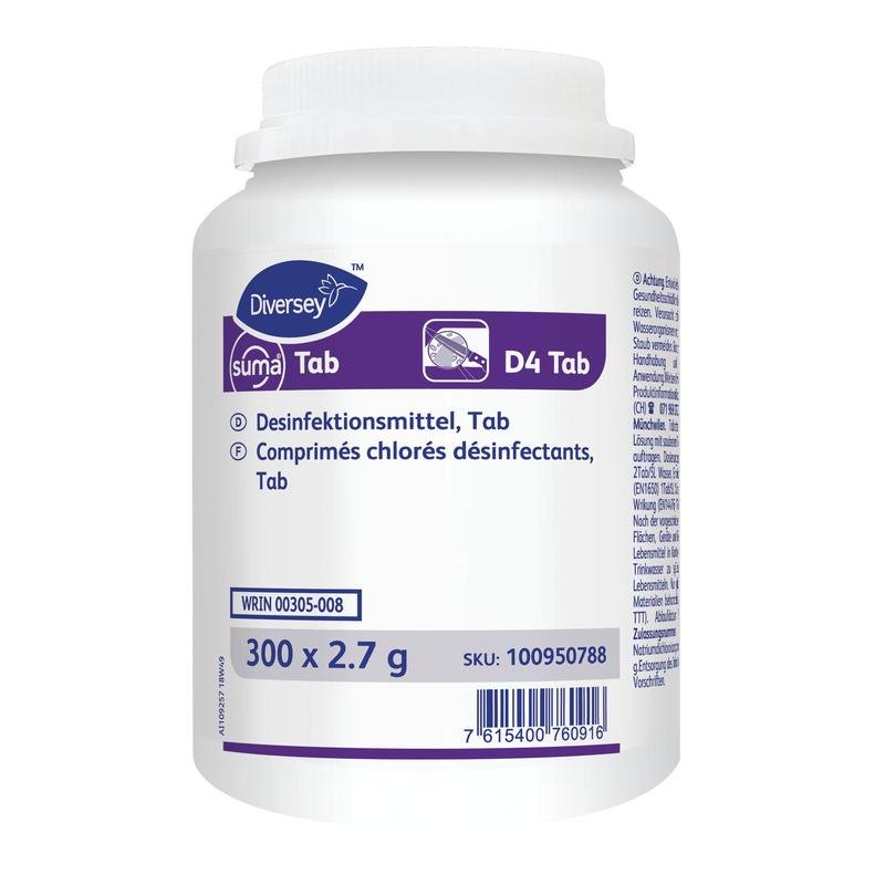 Un récipient en plastique blanc avec l'inscription "Suma Tab D4, comprimés désinfectants à base de chlore" de Diversey Deutschland GmbH & Co. OHG contient 200 comprimés (par dose) avec des instructions et des informations sur le produit en allemand/français.