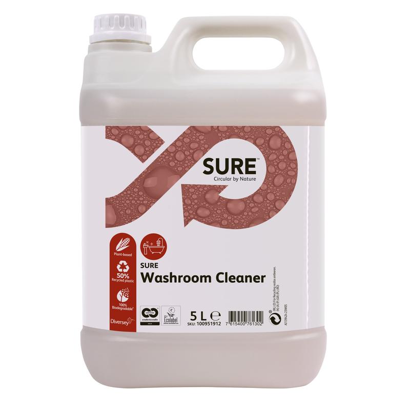 Un conteneur en plastique de 5 litres de SURE Washroom Cleaner Nettoyant sanitaire de Diversey Deutschland GmbH & Co. OHG, avec un corps et un couvercle blancs, un graphique d'étiquette à bulles marron, des avantages de propreté hygiénique et une formule biodégradable.