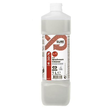 Une bouteille en plastique de 1 litre de SURE Washroom Cleaner Nettoyant sanitaire de Diversey Deutschland GmbH & Co. OHG a un bouchon blanc, un liquide clair et une étiquette blanche avec des détails sur le produit, des instructions, des symboles et sa formule biodégradable pour une propreté hygiénique.
