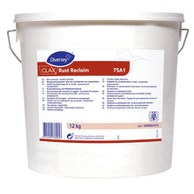 Un seau en plastique blanc de 12 kg avec l'inscription "Clax Rust Reclaim" de Diversey Deutschland GmbH & Co. OHG contient de la poudre d'acide oxalique pour enlever les taches de rouille, un mode d'emploi multilingue et une poignée en métal.