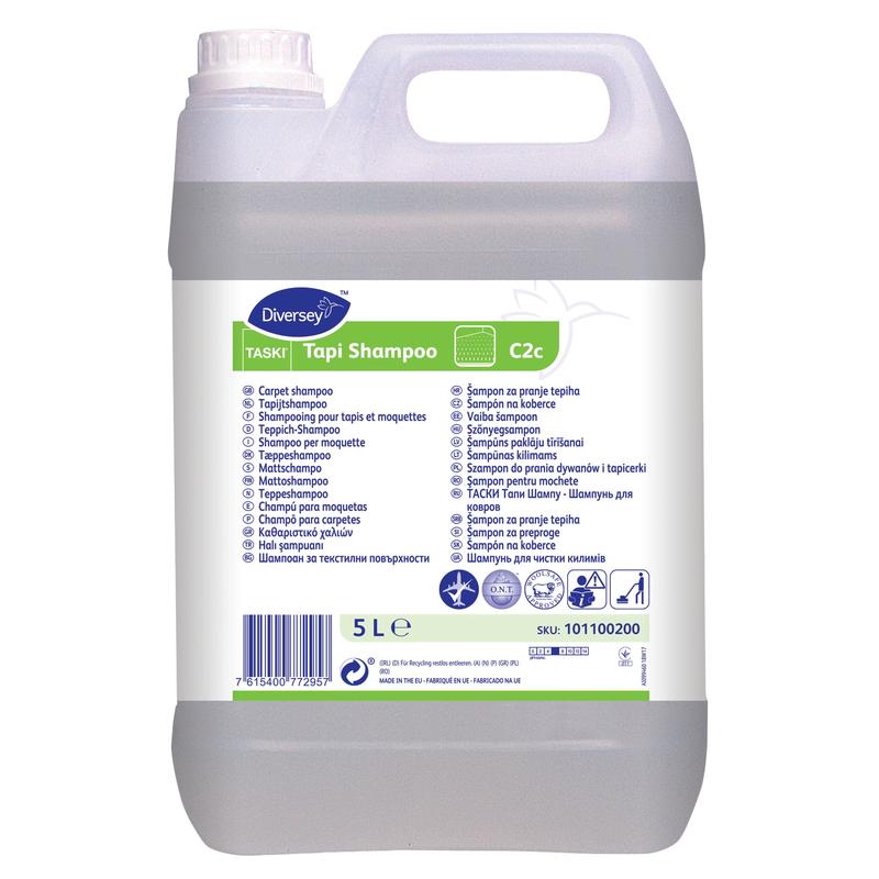 Un bidon de 5 litres de TASKI Tapi Shampoo de Diversey Deutschland GmbH & Co. OHG : shampoing neutre pour tapis avec certification Woolmark et technologie O.N.T. pour une fraîcheur durable, avec étiquette blanche, poignée et bouchon à vis.