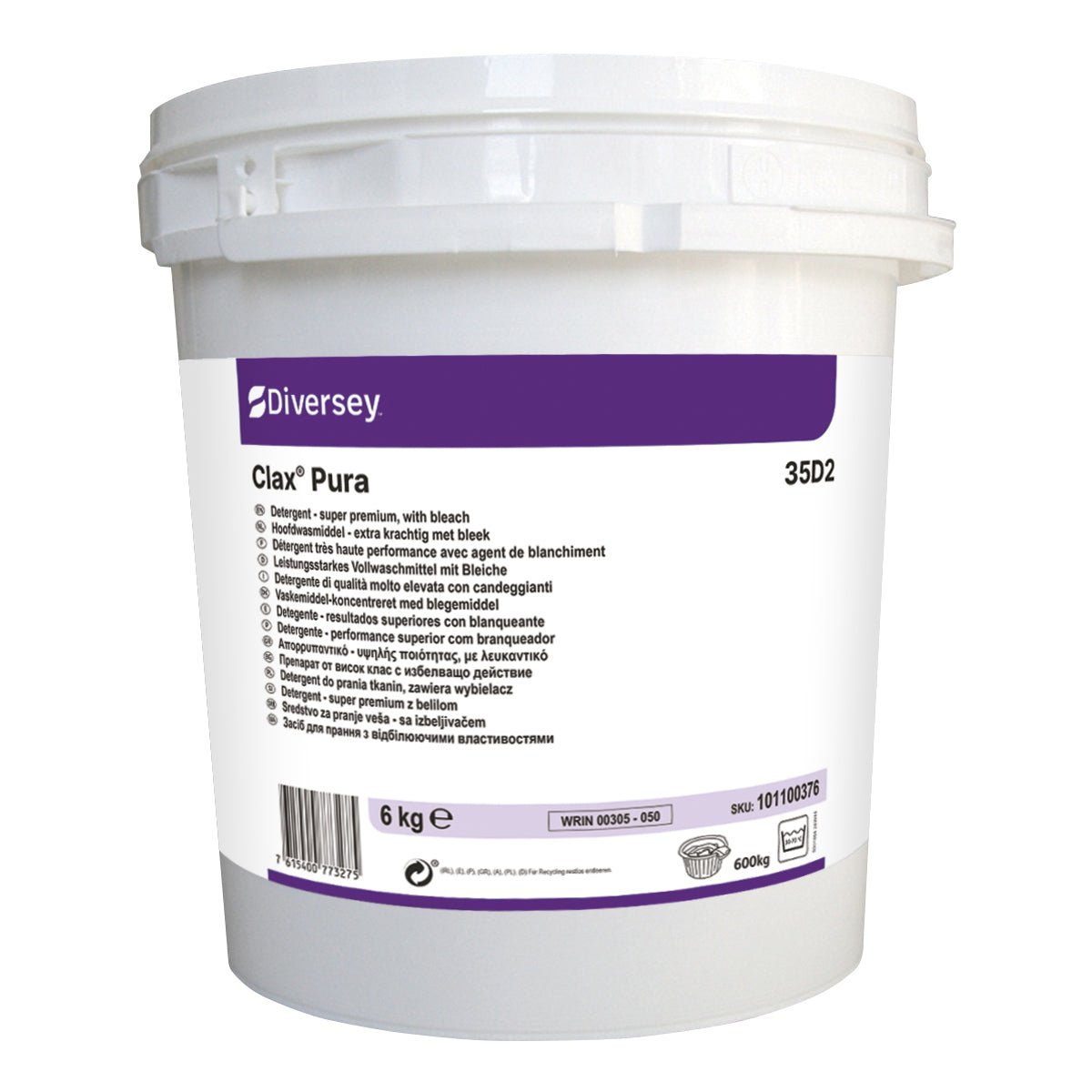 Un seau blanc de 6 kg de Clax Pura 35D2 de Diversey Deutschland, une lessive enzymatique complète avec poignée et couvercle, avec une étiquette violette et blanche portant la marque, les détails du produit, les instructions et du texte multilingue.