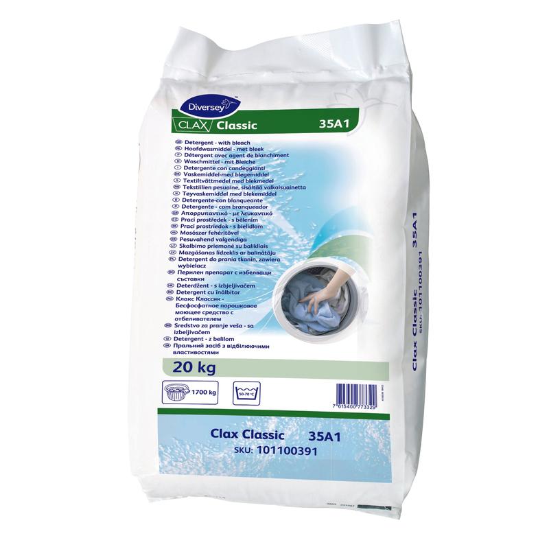 Un sac de 20 kg de Clax Classic 35A1 détergent complet de Diversey Allemagne, idéal pour l'eau douce à moyennement dure, avec mode d'emploi et informations sur le produit sur un emballage bleu et blanc - parfait pour les blanchisseries commerciales.