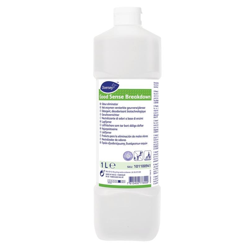 Une bouteille en plastique blanche de 1 L avec l'inscription « Good Sense Breakdown, éliminateur d'odeurs » de Diversey Deutschland GmbH & Co. OHG avec texte multilingue et bouchon à vis blanc. Neutralise efficacement les odeurs - idéal comme éliminateur d'odeurs.
