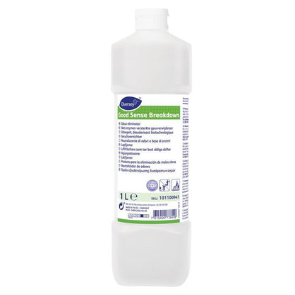 Une bouteille en plastique blanche de 1 L avec l'inscription « Good Sense Breakdown, éliminateur d'odeurs » de Diversey Deutschland GmbH & Co. OHG avec texte multilingue et bouchon à vis blanc. Neutralise efficacement les odeurs - idéal comme éliminateur d'odeurs.