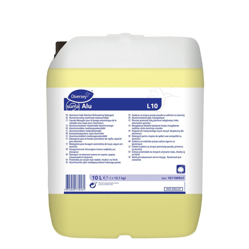 Un conteneur de 10 litres Diversey Suma Alu L10, nettoyant pour vaisselle sûr pour l'aluminium pour toutes les duretés d'eau de Diversey Deutschland GmbH & Co. OHG, dispose d'un couvercle blanc, d'un liquide jaune et d'instructions multilingues sur l'étiquette avant.