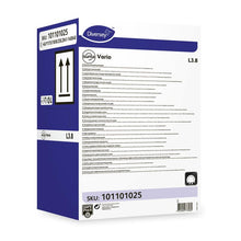 Eine rechteckige Schachtel Diversey Suma Vario L3.8 Geschirrreiniger mit Bleiche ohne Chlorgeruch (SKU 101101025) von Diversey Deutschland GmbH & Co. OHG zeigt Produktdetails, Barcodes, schwarze nach oben gerichtete Pfeile und Kapazitätsmarkierungen auf einem weiß-blauen Hintergrund.