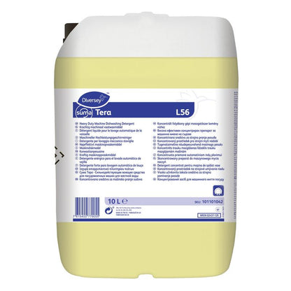 Un conteneur de 10 litres Diversey Suma Tera L56, un détergent concentré pour lave-vaisselle pour eaux dures de Diversey Deutschland GmbH & Co. OHG, avec un boîtier blanc, un liquide jaune, une étiquette bleu-blanc et un bouchon blanc.