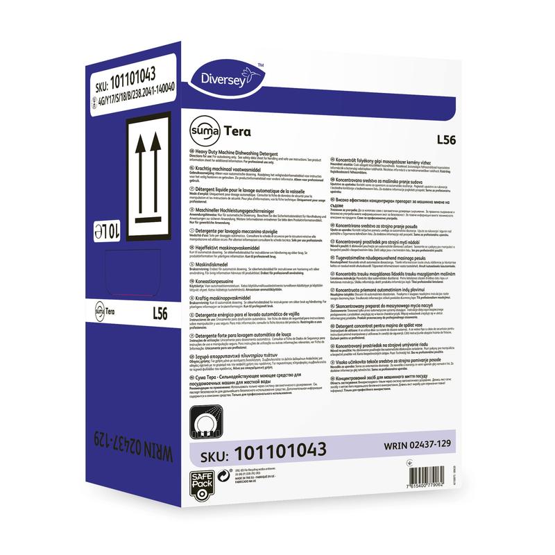 Une boîte blanc-violet avec l'inscription « Diversey Suma Tera L56, détergent concentré pour lave-vaisselle pour eaux dures » de Diversey Deutschland GmbH & Co. OHG avec des détails sur le produit, des informations de sécurité, des codes-barres, des flèches, SKU 101101043 et WRIN 02437-129.