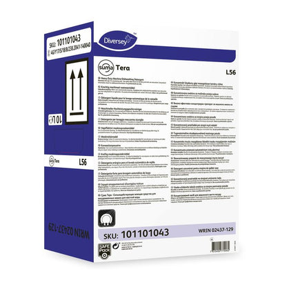 Une boîte blanc-violet avec l'inscription « Diversey Suma Tera L56, détergent concentré pour lave-vaisselle pour eaux dures » de Diversey Deutschland GmbH & Co. OHG avec des détails sur le produit, des informations de sécurité, des codes-barres, des flèches, SKU 101101043 et WRIN 02437-129.