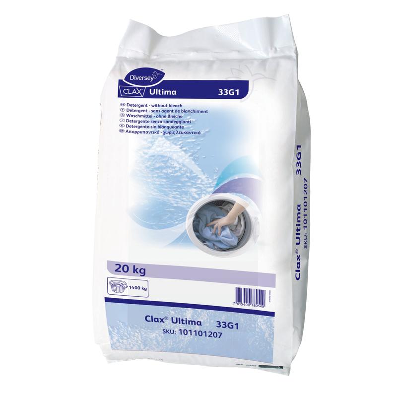 Un sac de 20 kg de Clax Ultima 33G1, détergent enzymatique pour pré-lavage et lavage des couleurs de Diversey Deutschland GmbH & Co. OHG - Idéal pour les blanchisseries commerciales et l'élimination efficace des taches.