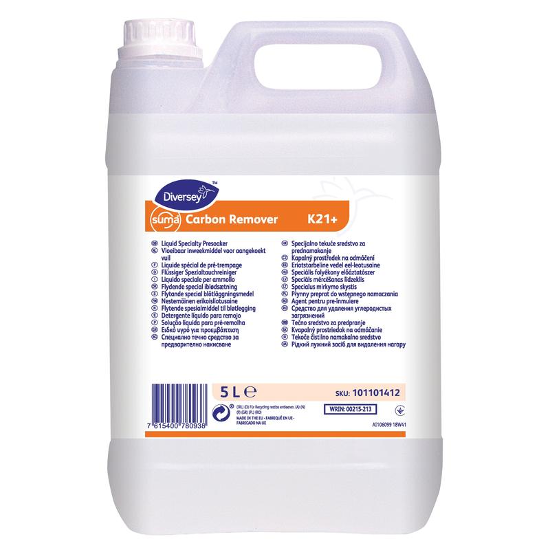Diversey Suma Carbon Remover K21+, Détartrant liquide dans un bidon de 5 litres avec poignée et bouchon à vis, étiquette blanche avec accents orange et instructions multilingues. Élimine efficacement les salissures tenaces.