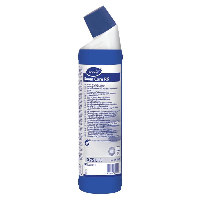 Room Care R6, nettoyant périodique pour toilettes et urinoirs de Diversey Deutschland GmbH & Co. OHG (bouteille de 750 ml), à base d'acide chlorhydrique, idéal pour un nettoyage efficace des toilettes et urinoirs. Avec des informations sur le produit en plusieurs langues sur l'étiquette.
