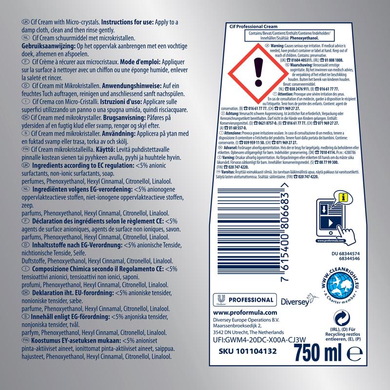 Étiquette pour le lait à récurer professionnel de Diversey Deutschland GmbH & Co. OHG avec instructions multilingues, ingrédients, code-barres, symboles de recyclage, logos, formule de blanchiment actif et volume de 750 ml sur fond blanc-bleu.