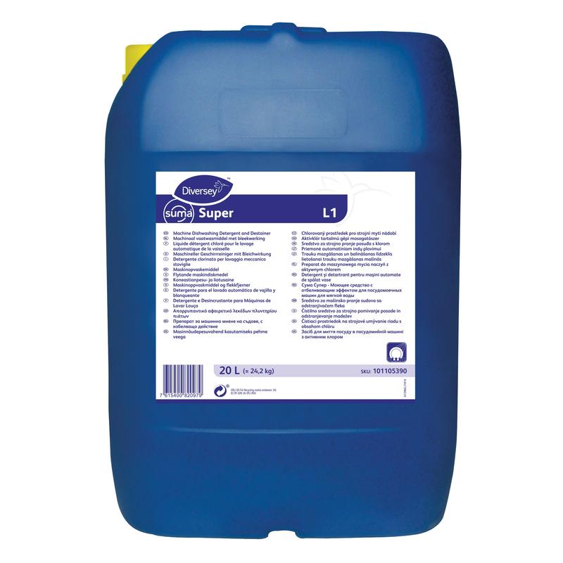 Un grand bidon en plastique bleu de 20 litres de détergent pour vaisselle Suma Super L1 avec agent de blanchiment pour eau douce de Diversey Allemagne porte une étiquette blanche avec des détails sur le produit et des instructions en plusieurs langues.