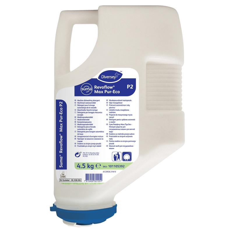 Une cartouche de 4,5 kg de Suma Revoflow Max P-Eco P2 de Diversey Deutschland GmbH & Co. OHG, un nettoyant écologique sans chlore pour eau douce à moyennement dure; en plastique blanc avec une étiquette bleue et un couvercle, plus une poignée.