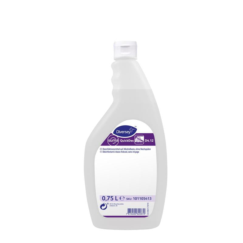 Une bouteille de 0,75 litre de Suma QuickDes D4.12 désinfection rapide en plastique blanc de Diversey Deutschland GmbH & Co. OHG avec bouchon rabattable et étiquette violet-blanc avec détails du produit sur le devant.