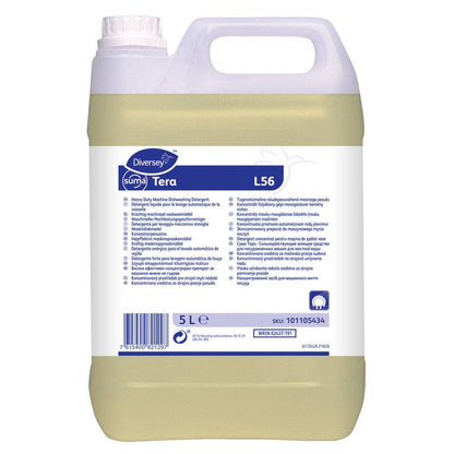 Un conteneur en plastique de 5 litres Diversey Suma Tera L56, détergent concentré pour lave-vaisselle pour eaux dures de Diversey Deutschland GmbH & Co. OHG, avec une étiquette blanc-bleu comportant des informations et instructions multilingues sur le produit.