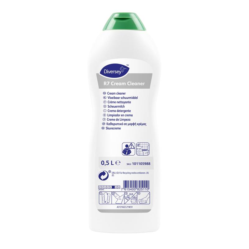 Une bouteille blanche de 0,5 litre de nettoyant crème Diversey R7 pour surfaces dures et résistantes à l'eau de Diversey Deutschland GmbH & Co. OHG avec un bouchon vert et une étiquette multilingue avec des instructions, le nom du produit, un code-barres et des symboles de recyclage.