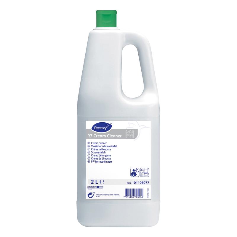 Une bouteille en plastique blanche de 2 litres de nettoyant crème Diversey R7 pour surfaces dures et résistantes à l'eau de Diversey Deutschland GmbH & Co. OHG, avec un bouchon vert et des instructions multilingues sur l'étiquette.