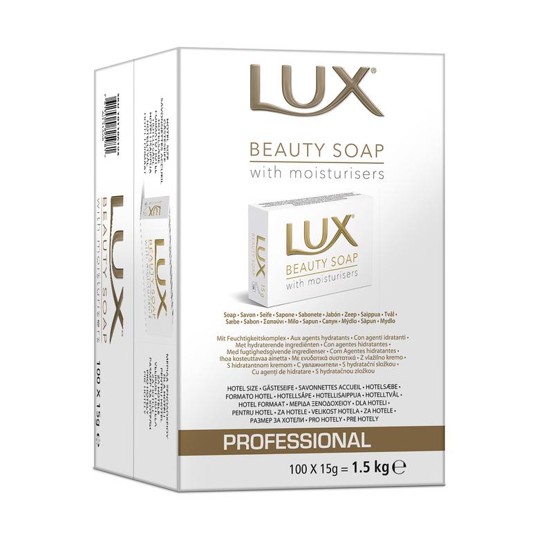 Un paquet de 100 morceaux de savon de beauté LUX Professional pour invités (15 g chacun, total 1,5 kg) de Diversey Deutschland GmbH & Co. OHG, avec l'inscription "Professional" pour une utilisation hôtelière et par les invités, avec des informations sur le produit et une image sur la boîte blanche.