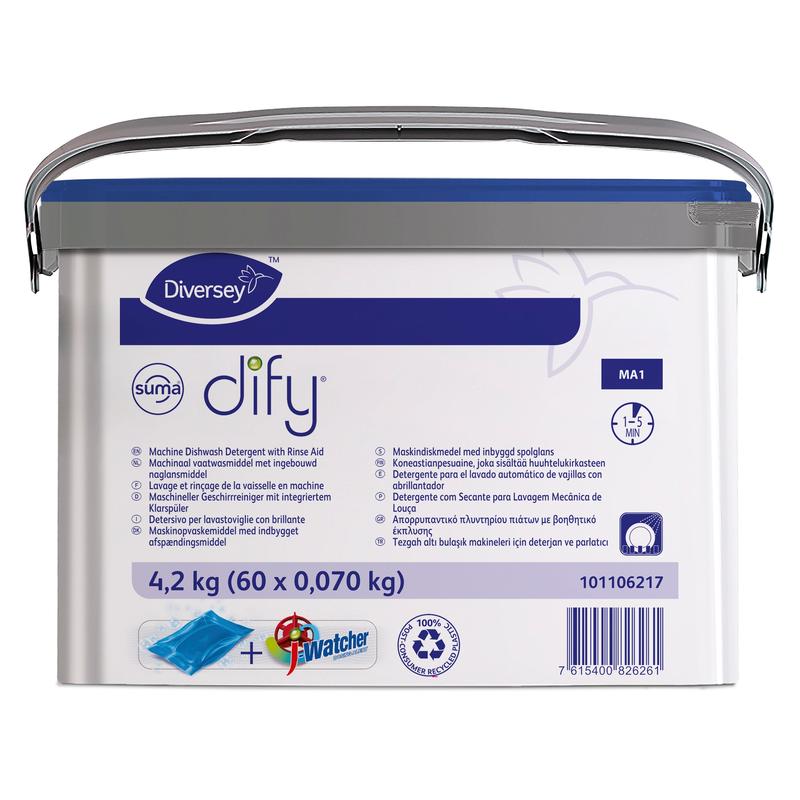 Le Suma Dify MA1 écologique avec couvercle bleu de Diversey Deutschland (60 sachets, 4,2 kg) est un détergent tout-en-un pour les lave-vaisselle professionnels à cuve unique, idéal pour les grandes cuisines. Étiquetage multilingue ; livraison dans un gobelet à poignée.