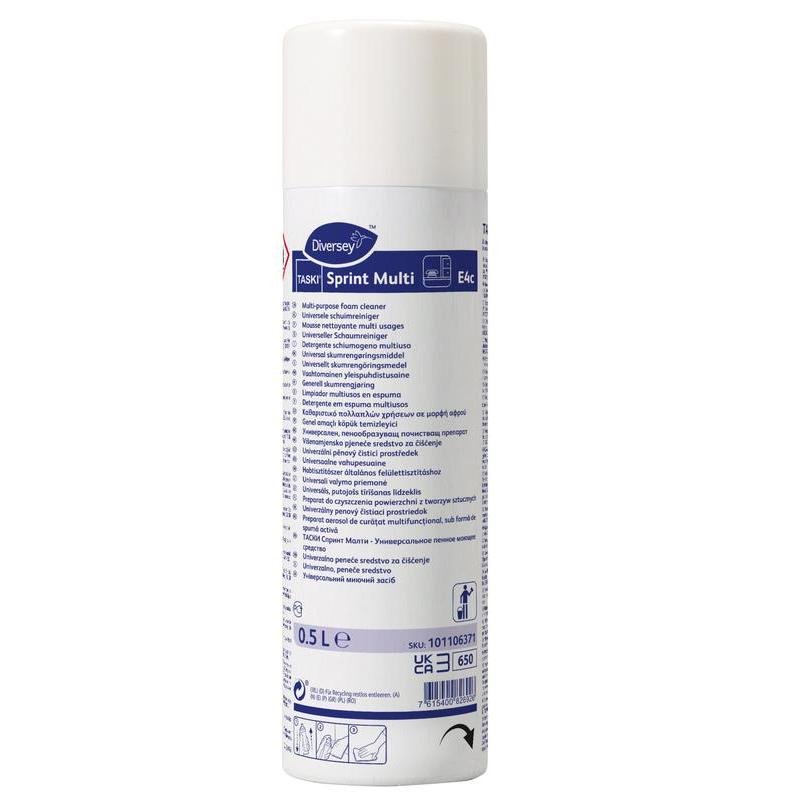 Une boîte blanche de 500 ml de nettoyant moussant en aérosol TASKI Sprint Multi de Diversey Deutschland pour le nettoyage polyvalent des surfaces, avec du texte bleu, des instructions, des conseils d'application sur l'étiquette, un bouchon blanc et un code-barres au bas.