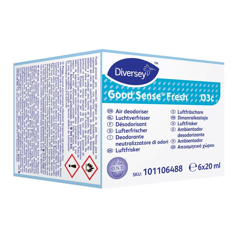 Une cartouche de parfum Good Sense Fresh pour le système de désodorisant Good Sense (6 pièces) de Diversey Deutschland GmbH & Co. OHG, SKU 101106488, 6x20 ml, avec technologie O.N.T. pour Fresh Scent et étiquetage multilingue.