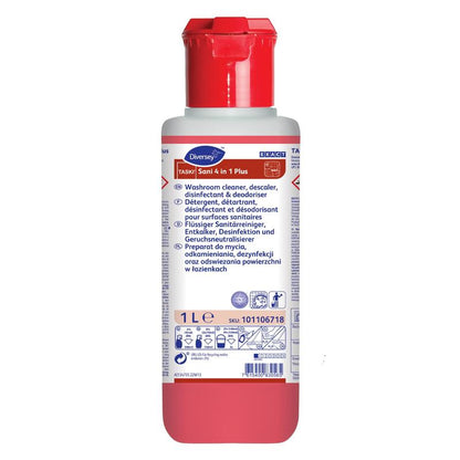 Une bouteille de 1 litre TASKI Sani 4 en 1 Plus de Diversey Deutschland GmbH & Co. OHG avec bouchon rouge et étiquette multilingue sert de nettoyant, détartrant, désinfectant et éliminateur d'odeurs pour les surfaces des salles de bain.
