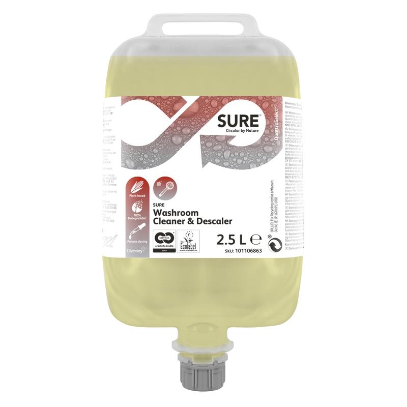 Un nettoyant sanitaire et détartrant SURE de 2,5 litres de Diversey Deutschland GmbH & Co. OHG, liquide jaune avec des ingrédients naturels, est livré avec une buse et une étiquette blanche avec les détails du produit et le logo SURE.