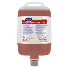 Ein 2,5L TASKI Sani 100 Pur-Eco Sanitärreiniger von Diversey, pH-neutral, EU-umweltzertifiziert, ideal für Marmorreinigung, mit Tragegriff, Ausgusskappe und mehrsprachigem Etikett.