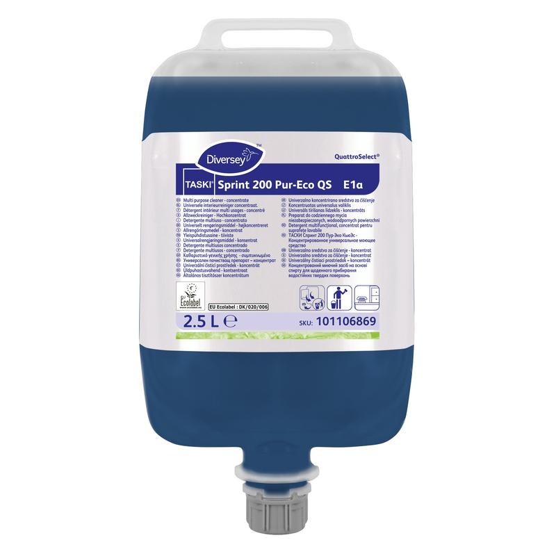 Un récipient de 2,5 litres Diversey TASKI Sprint 200 Pur-Eco, un nettoyant de surface neutre sans traces avec label écologique de l'UE de Diversey Deutschland GmbH & Co. OHG; liquide bleu, étiquette multilingue, bouchon doseur gris au fond.
