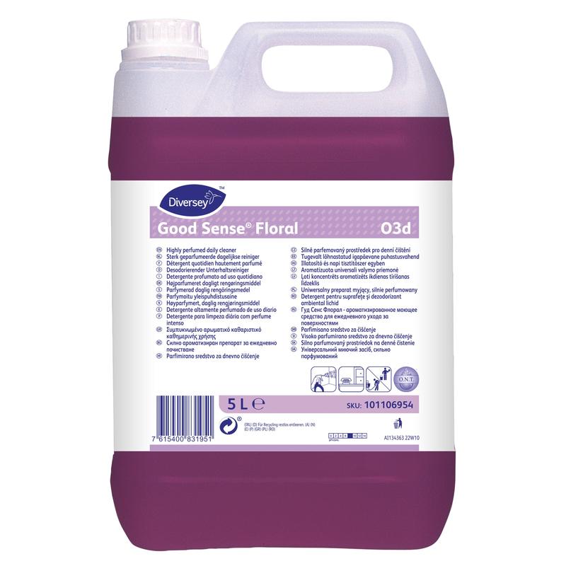 Un bidon de 5 litres de Good Sense Floral de Diversey Deutschland GmbH & Co. OHG, un nettoyant polyvalent fortement parfumé avec la technologie O.N.T., est un bidon de 5 litres de Diversey Deutschland GmbH OHG avec des informations sur le produit et des instructions d'utilisation sur une étiquette blanc-violet.