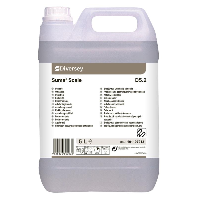 Un bidon de 5 L de Suma Scale D5.2 Détartrant de Diversey Deutschland GmbH & Co. OHG, pour un usage périodique, avec une étiquette multilingue contenant des informations sur le produit, des instructions, un code-barres et un numéro de SKU.