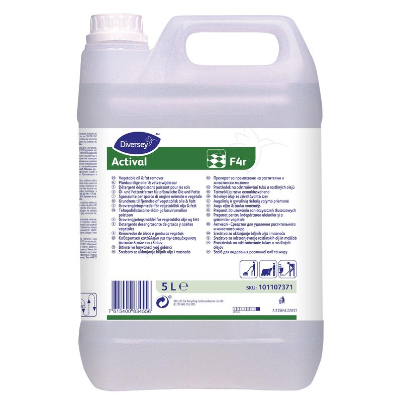 Un bidon de 5 litres de Diversey Actival, un dégraissant alcalin pour les huiles et graisses animales et végétales, idéal pour les cuisines. Contient une poignée, un bouchon à vis et une étiquette blanc-vert avec des instructions multilingues. Par Diversey Deutschland GmbH & Co. OHG.