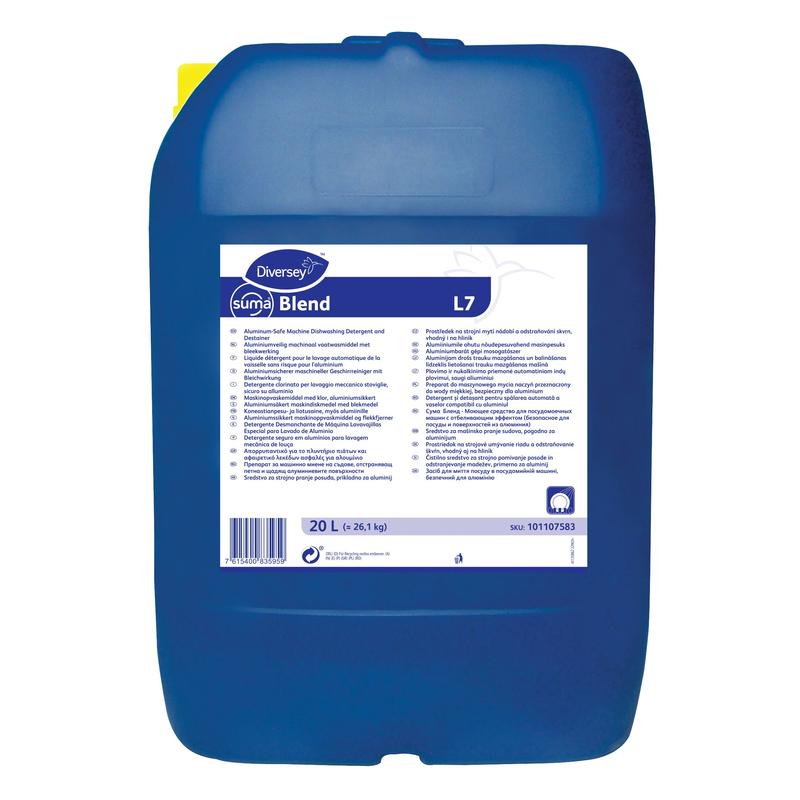 Un grand conteneur bleu de 20 litres de Diversey Suma Blend L7 pour eau douce, détergent pour vaisselle sûr pour l'aluminium, est doté d'une poignée supérieure et d'une étiquette frontale blanche avec des instructions et des informations sur le produit.