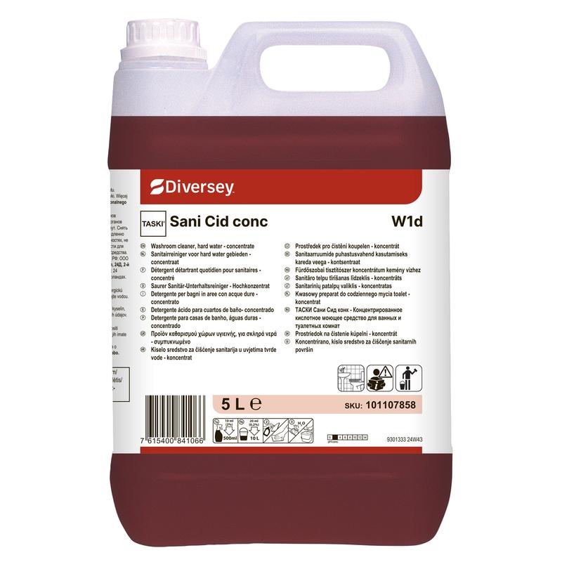 Un bidon de 5 litres de nettoyant sanitaire Diversey TASKI Sani Cid conc (concentré à base d'acide citrique) de Diversey Deutschland GmbH & Co. OHG; liquide rouge, étiquette détaillée, idéal pour éliminer les dépôts de calcaire.