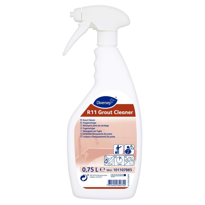 La bouteille vaporisateur blanche de 750 ml "Room Care R11, nettoyant pour joints et éliminateur de moisissures" de Diversey Deutschland GmbH & Co. OHG dispose d'une gâchette ergonomique, d'une formule puissante et d'une étiquette multilingue avec des symboles d'utilisation et de sécurité.