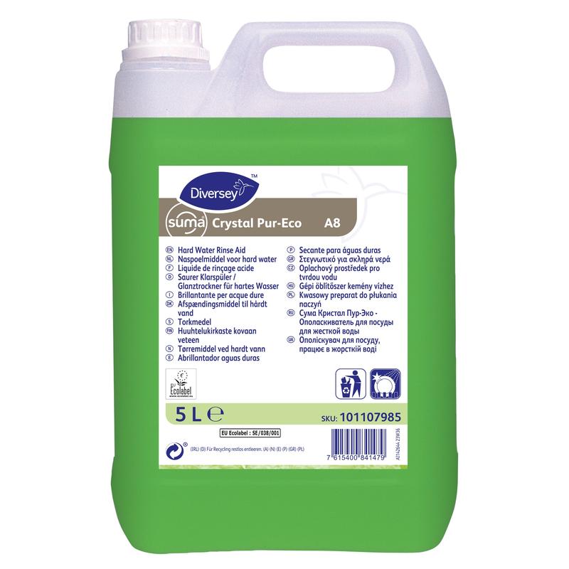 Un conteneur en plastique vert de 5 litres de Diversey Deutschland Suma Crystal Pur-Eco A8, un rinçage acide plus respectueux de l'environnement, avec un couvercle blanc. L'étiquette avant montre des détails, des instructions et un code-barres. Assure un nettoyage efficace et des résultats sans résidus.