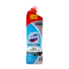 Eine 1-Liter-Flasche DOMESTOS Professional WC Reiniger Ocean von Diversey Deutschland GmbH & Co. OHG, mit rotem Winkelverschluss und "PRO pack"-Etikett, entfernt effektiv Kalk und Urinstein und fördert gleichzeitig Hygiene und Schutz.