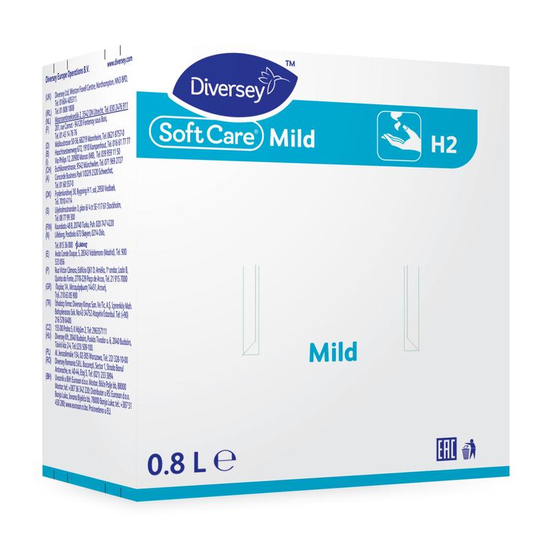 Une boîte blanc-bleu avec l'inscription "Diversey Soft Care Mild" (800 ml) de Diversey Deutschland GmbH & Co. OHG montre un symbole de lavage des mains et fait la promotion de la lotion de savon doux pour le nettoyage des mains.