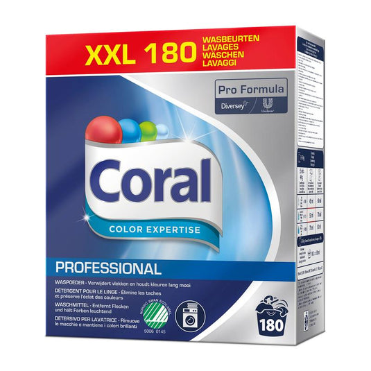 Une boîte de lessive Coral Professional Color Expertise (180 lavages, 8 kg de poudre) de Diversey Deutschland GmbH & Co. OHG, sous la marque Pro Formula, au design bleu, qui protège les couleurs et les fibres pour des couleurs éclatantes.